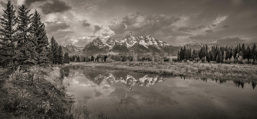 Black And White Photograph - Grand Teton Monochromatic Panoramic by Scott McGuire