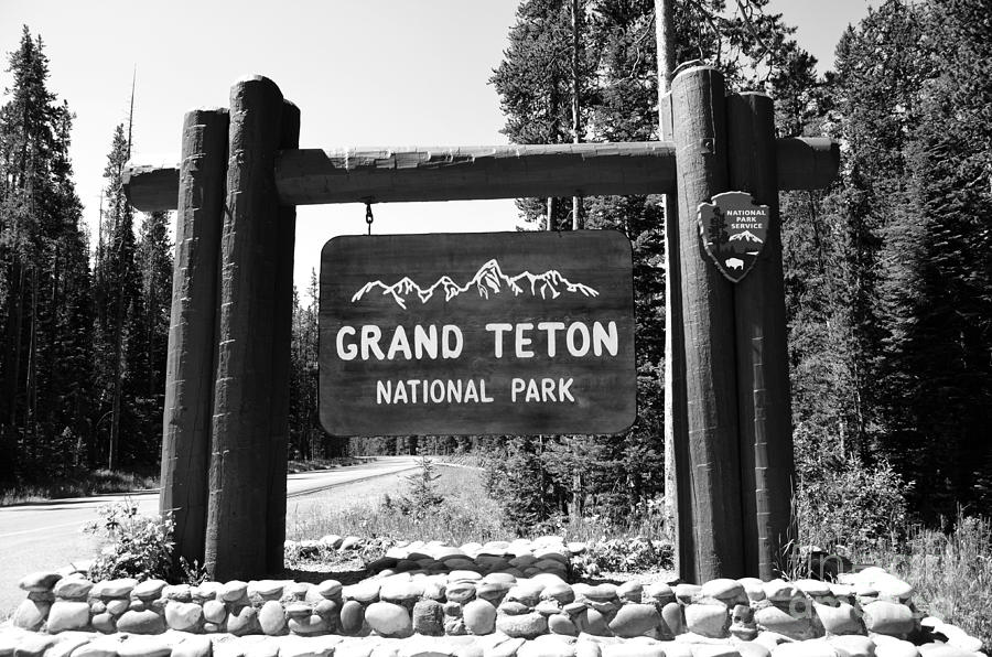 Grand teton National Park Entrance Sign Wyoming Black and White Photograph by Shawn OBrien