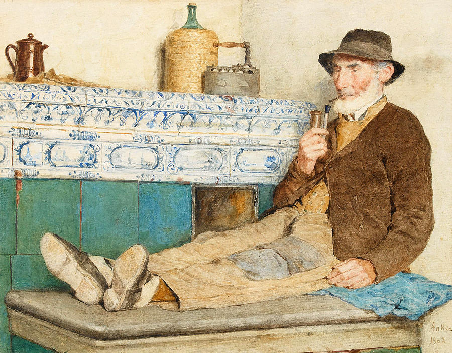 Grandfather on the oven bench Drawing by Albert Anker