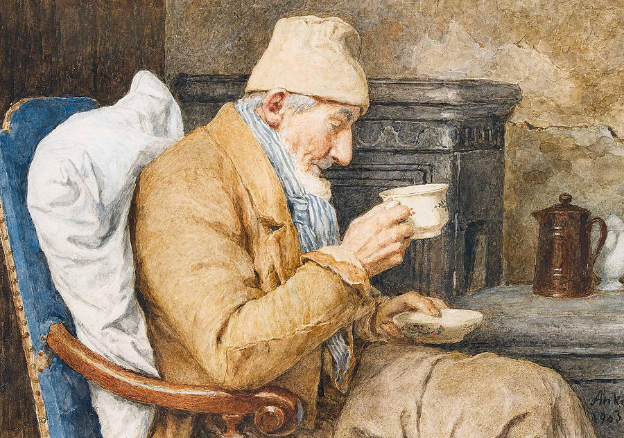 Grandfather with Cup of Coffee Drawing by Albert Anker