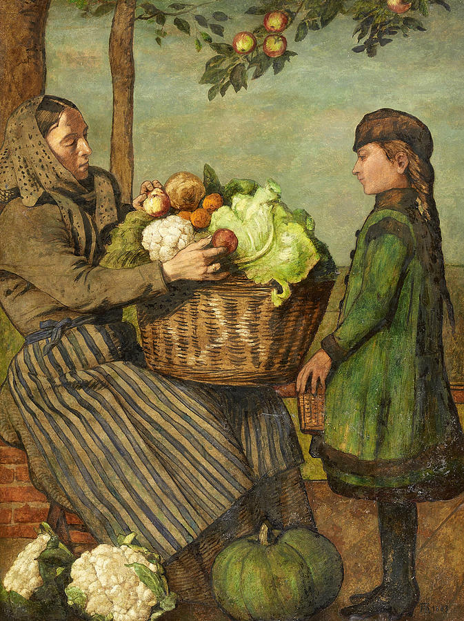 Grandmother and Granddaughter with a Vegetable Basket Painting by Hans Thoma