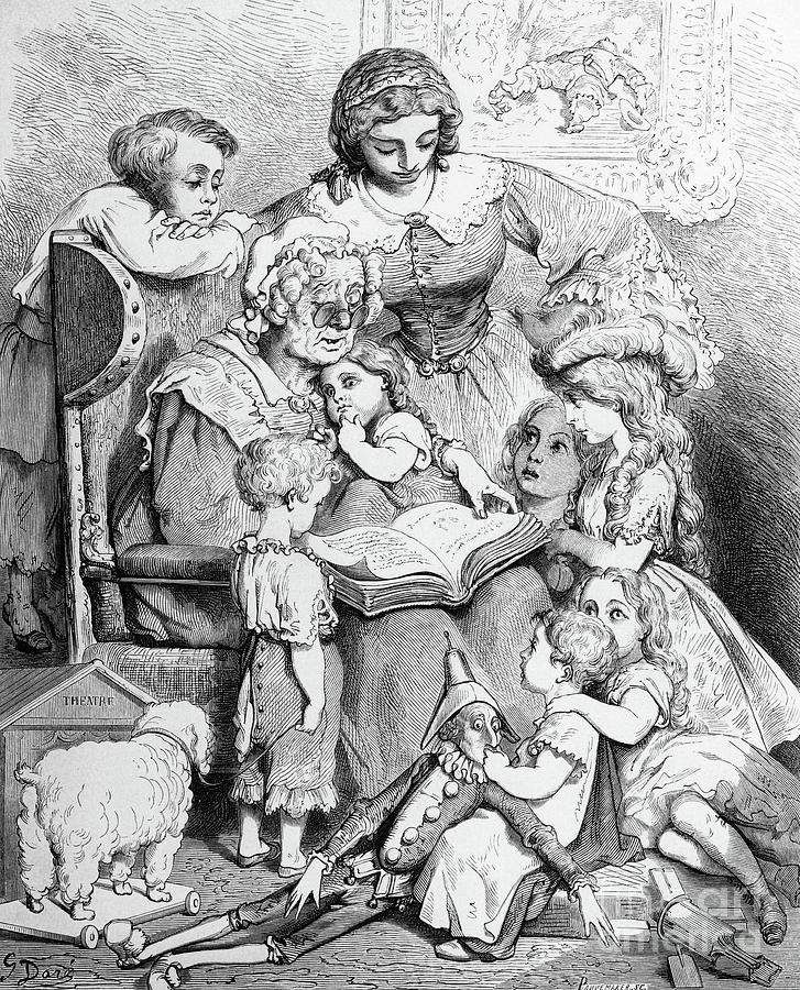 Gustave Dore Drawing - Grandmother telling a story to her grandchildren by Gustave Dore