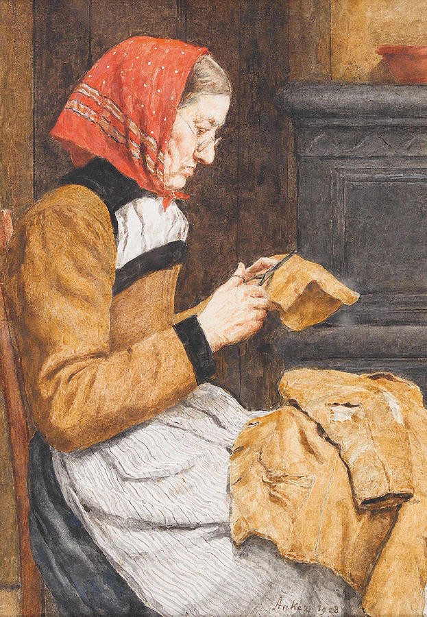 Grandmother with patchwork  Drawing by Albert Anker