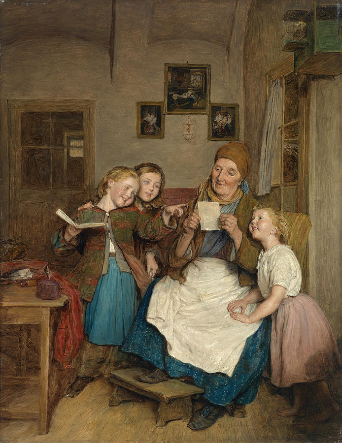 Grandmother with three grandchildren Painting by Ferdinand Georg Waldmueller