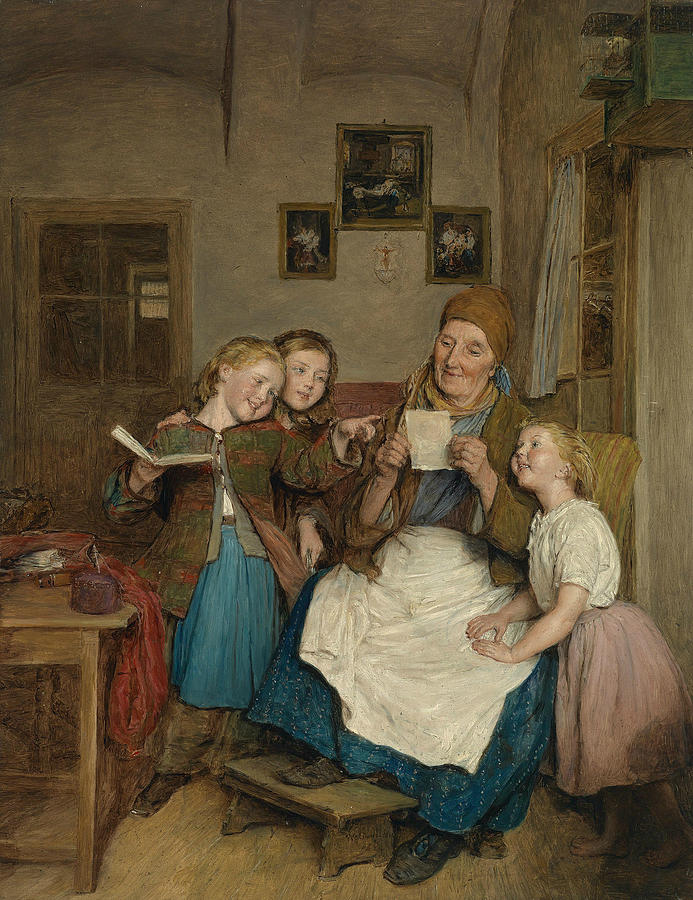 Grandmother with Three Grandchildren Painting by Ferdinand Georg Waldmuller