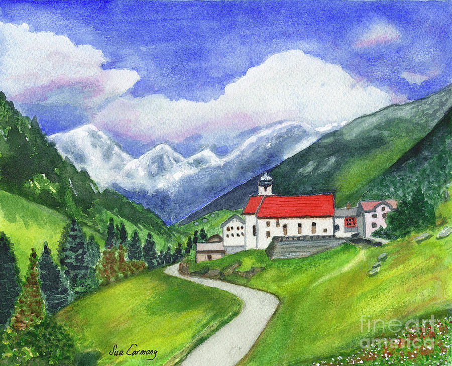 Swiss Village in the Alps Painting by Sue Carmony