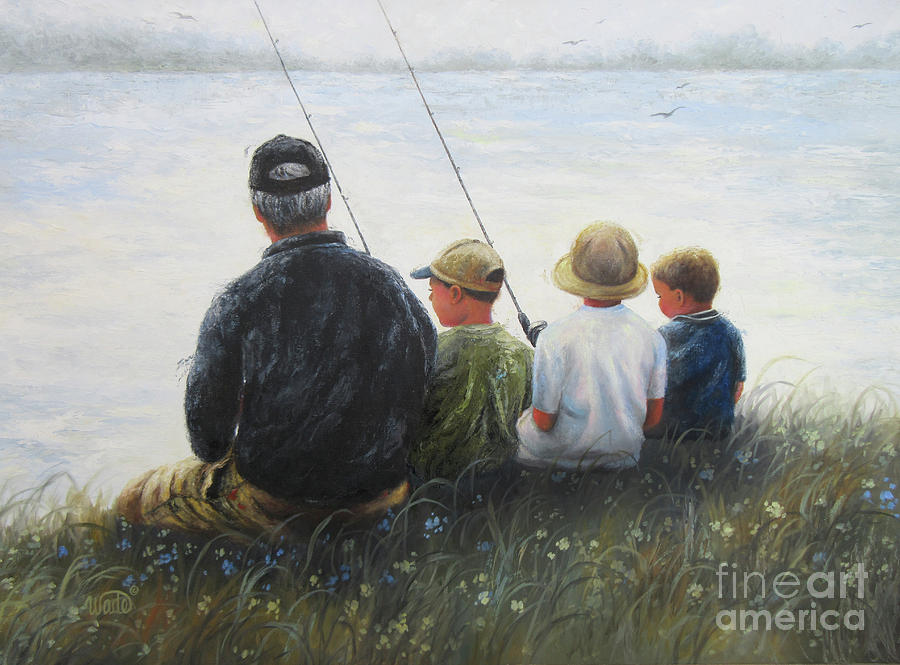 Gift For Grandpa Painting - Grandpa and Three Boys Fishing by Vickie Wade
