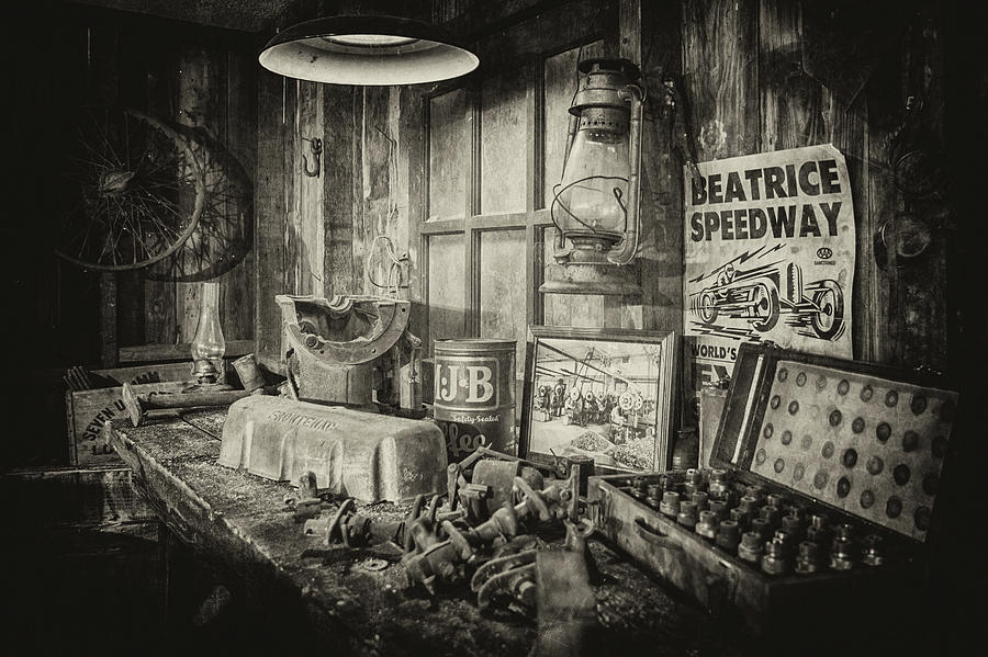 Grandpas Workbench in Black and White Photograph by Susan Rissi Tregoning