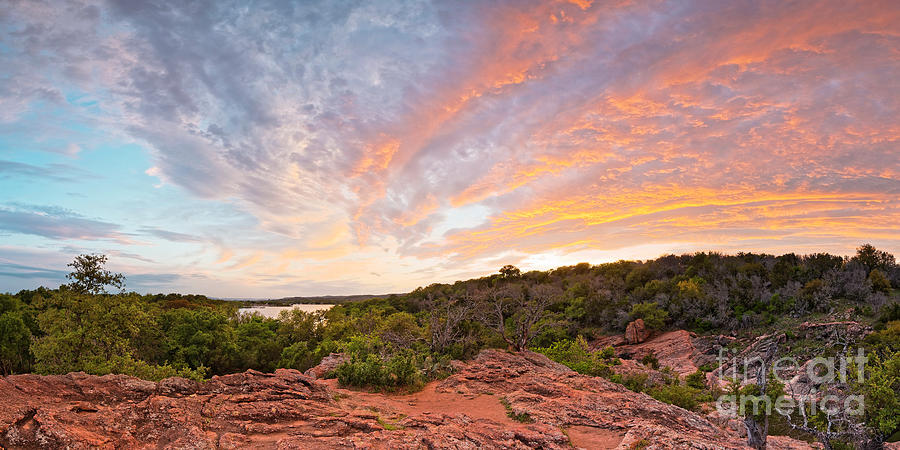 Granite Hills of Inks Lake State Park Against Fiery Sunset - Burnet County Texas Hill Country Photograph by Silvio Ligutti