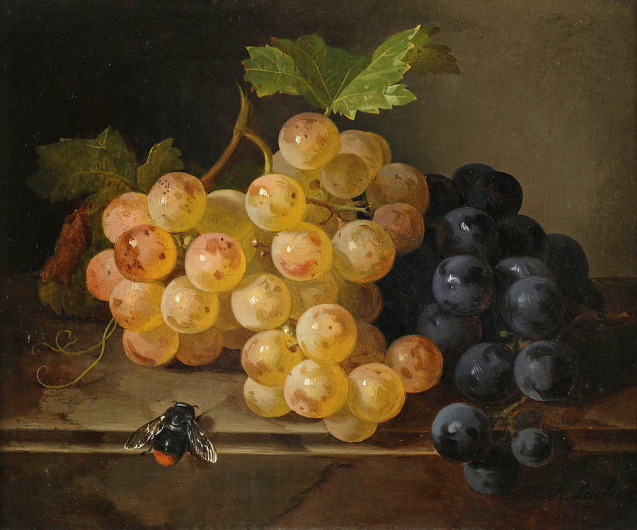 Grape still life with bumblebee  Painting by Andreas Lach