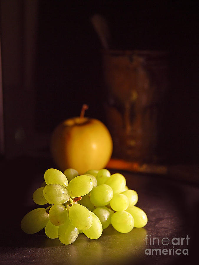 Grapes And Apple On Table Photograph by Vintage Collectables