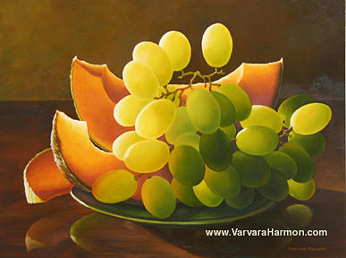Grape Painting - Grapes and Melon by Varvara Harmon