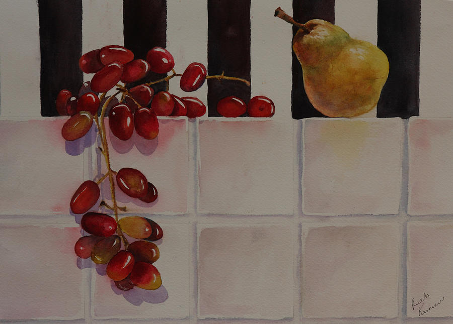 Grapes and Pear Painting by Ruth Kamenev