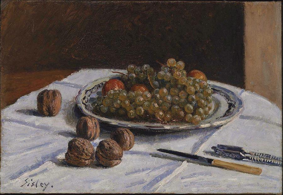 Grapes and Walnuts on a Table Painting by MotionAge Designs