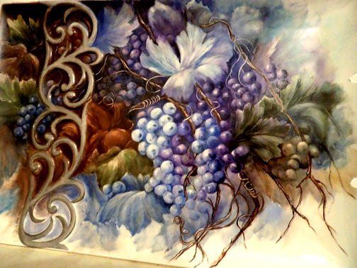 Grapes on porcelain tray Glass Art by Patricia Rachidi