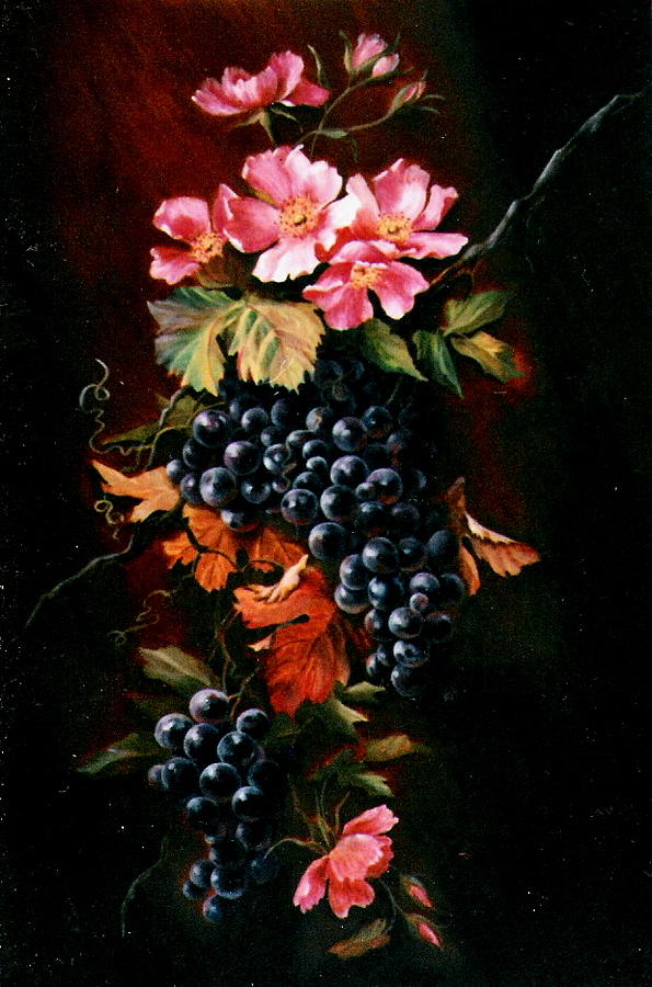 Grapes with wild roses Painting by Patricia Rachidi