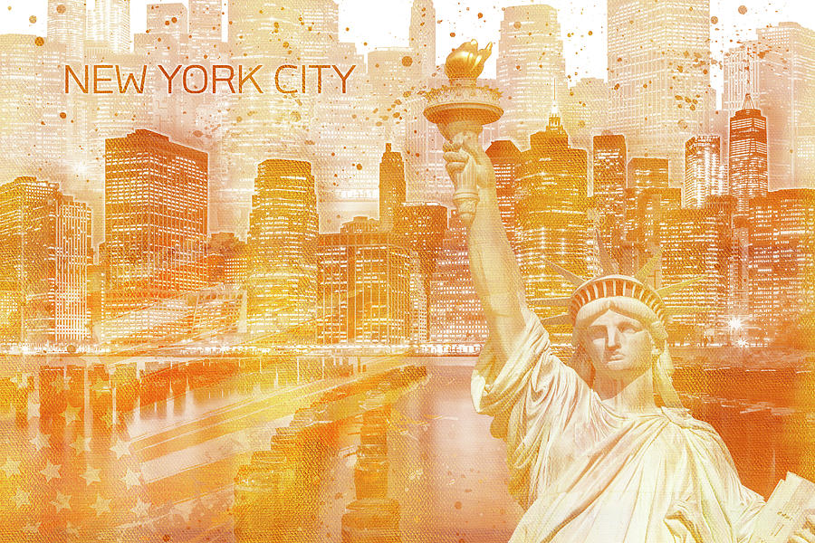 New York City Mixed Media - Graphic Art MANHATTAN Collage - golden by Melanie Viola