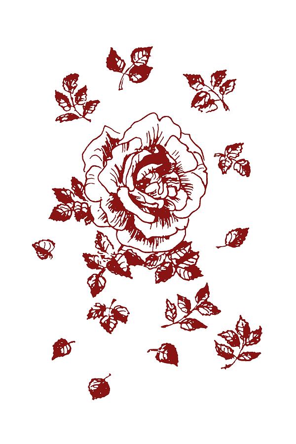Graphic Red Rose with Leaves Drawing by Masha Batkova