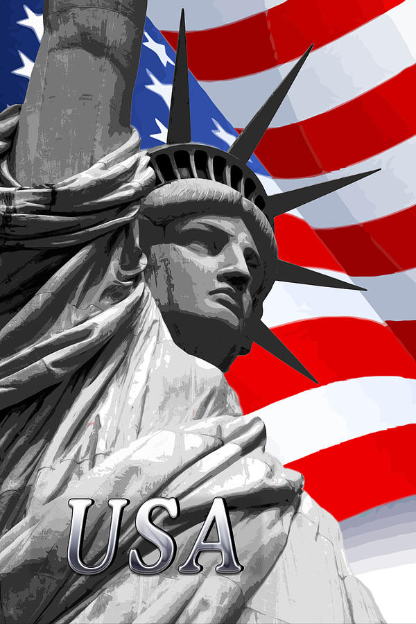 Statue Of Liberty Painting - Graphic Statue of Liberty with American Flag TEXT USA by Elaine Plesser