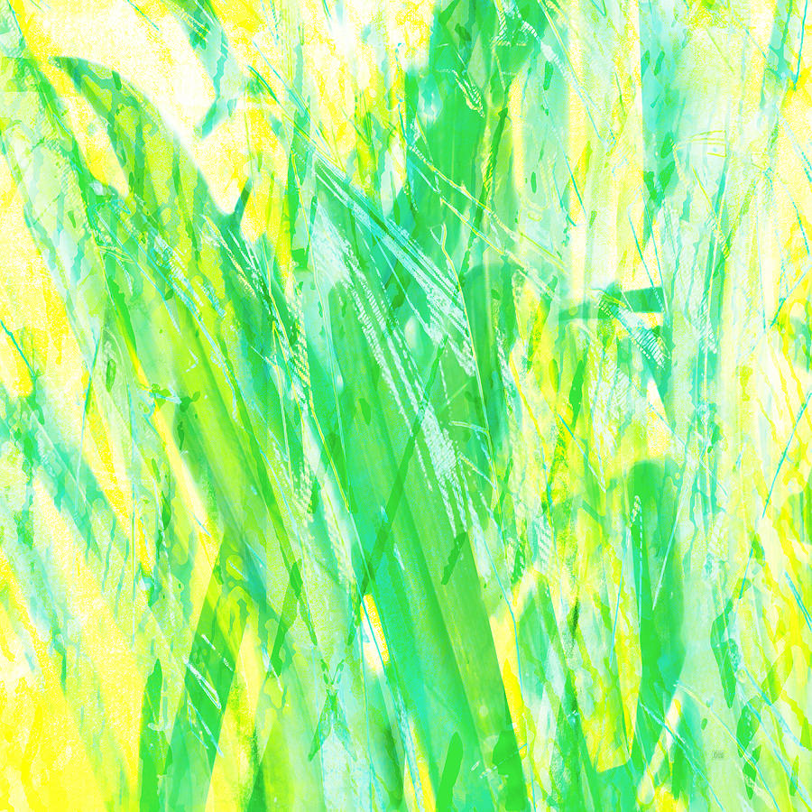 Abstract Painting - Grassy Abstract in Yellow Green Aqua White by Menega Sabidussi