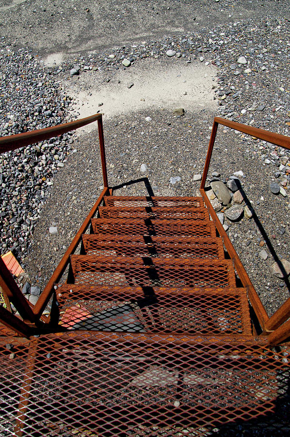Cat Photograph - Gravel Pit Grinder Rusty Staircase by Thomas Woolworth