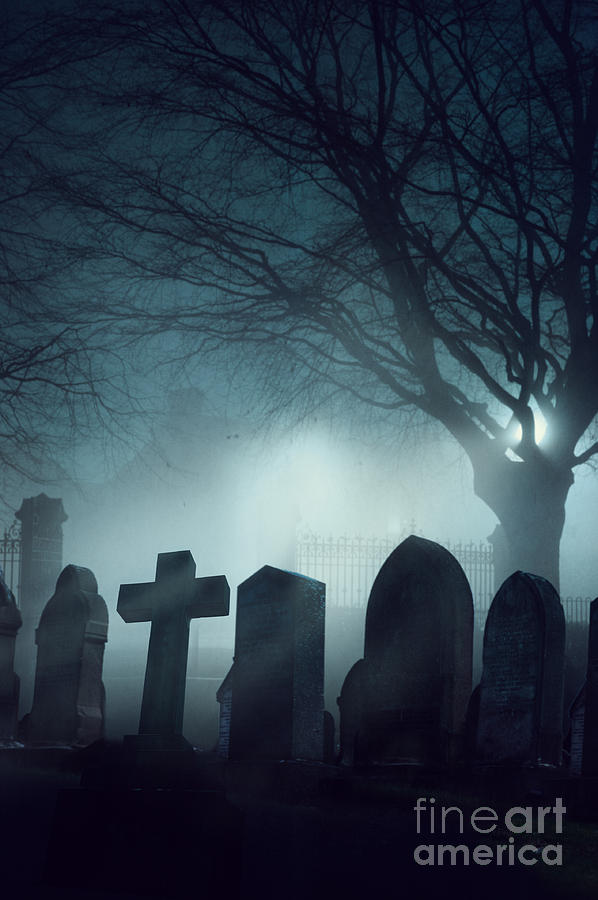 Gravestones In Cemetry At Night In Winter Fog  Photograph by Lee Avison