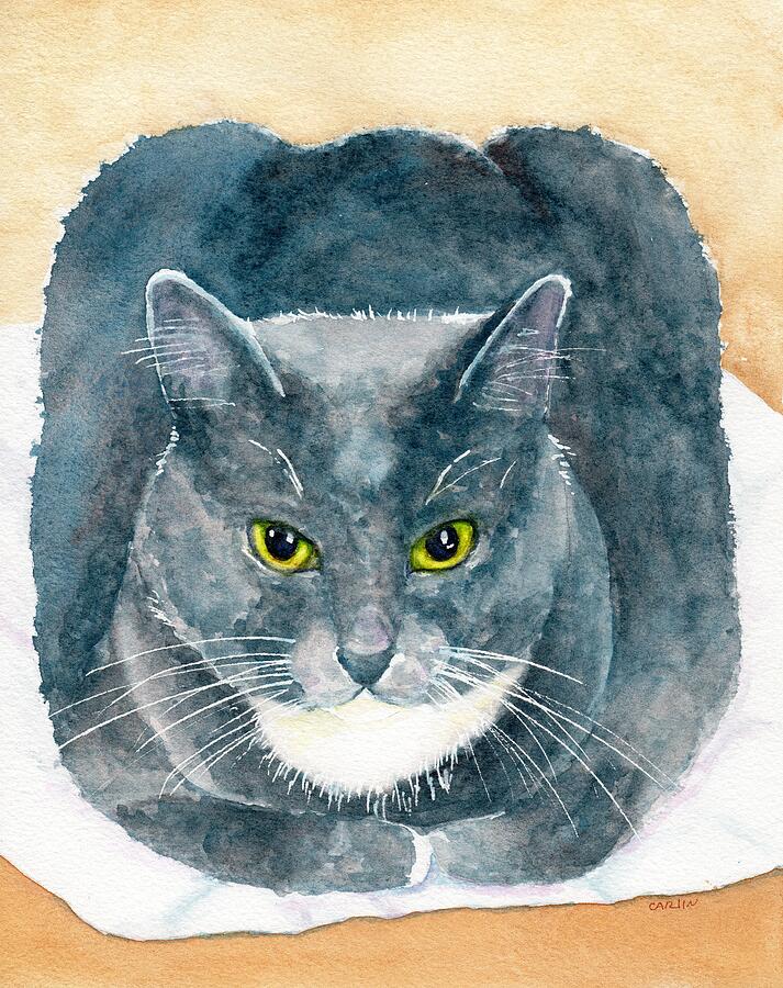Nature Painting - Gray and White Cat with Green Eyes by Carlin Blahnik CarlinArtWatercolor