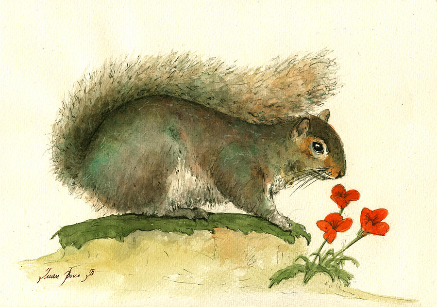 Squirrel Painting - Gray squirrel flowers by Juan Bosco