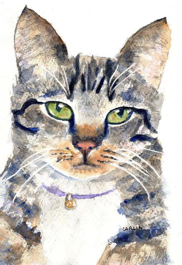 Gray Tabby Cat Watercolor Painting by Carlin Blahnik CarlinArtWatercolor