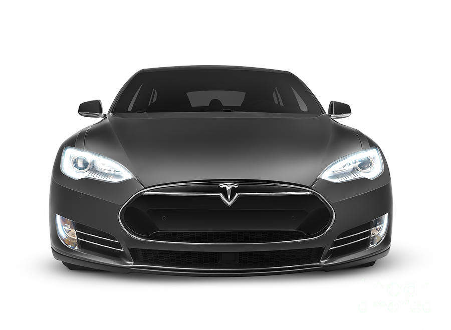 Gray Tesla Model S luxury electric car front view isolated on wh Photograph by Maxim Images Exquisite Prints