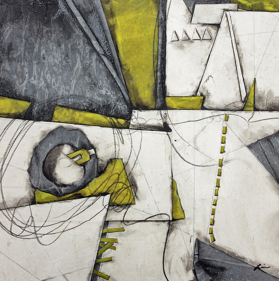 Abstract Mixed Media - Gray, White, Green Gold  by Laura Lein-Svencner