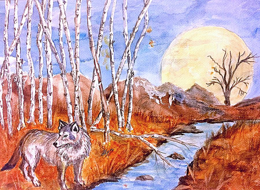 Gray Wolf and Super Moon Painting by Ellen Levinson