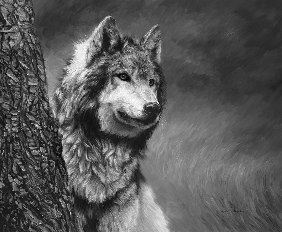 Gray Wolf - Black and White Painting by Lucie Bilodeau