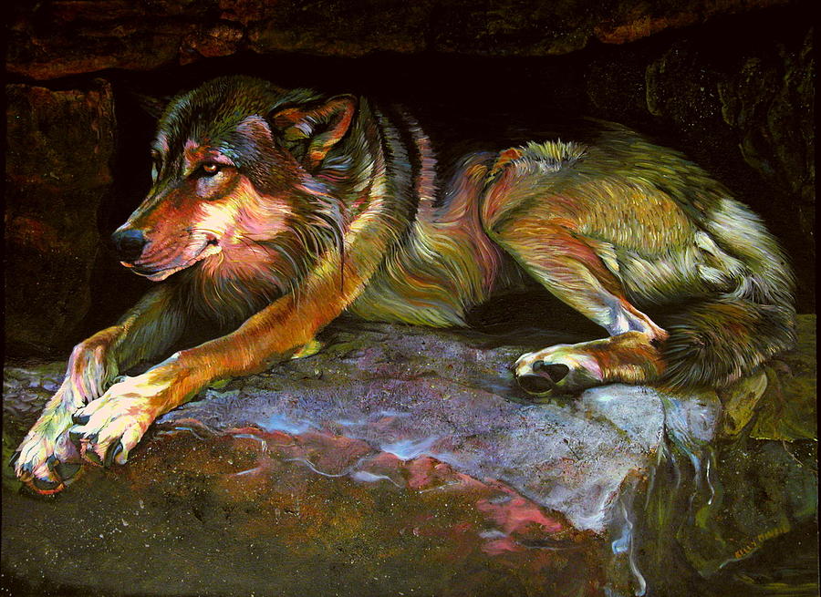 Wildlife Painting - Gray Wolf Rock by Kelly McNeil
