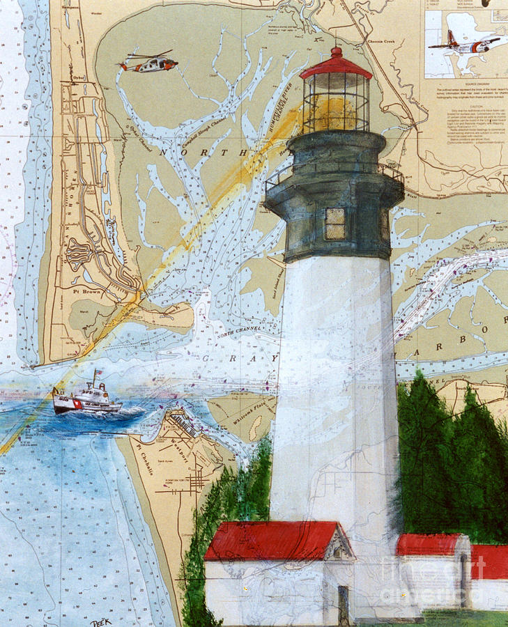 Lighthouse Painting - Grays Harbor WA Lighthouse USCG Plane Cathy Peek Nautical Chart Map  by Cathy Peek