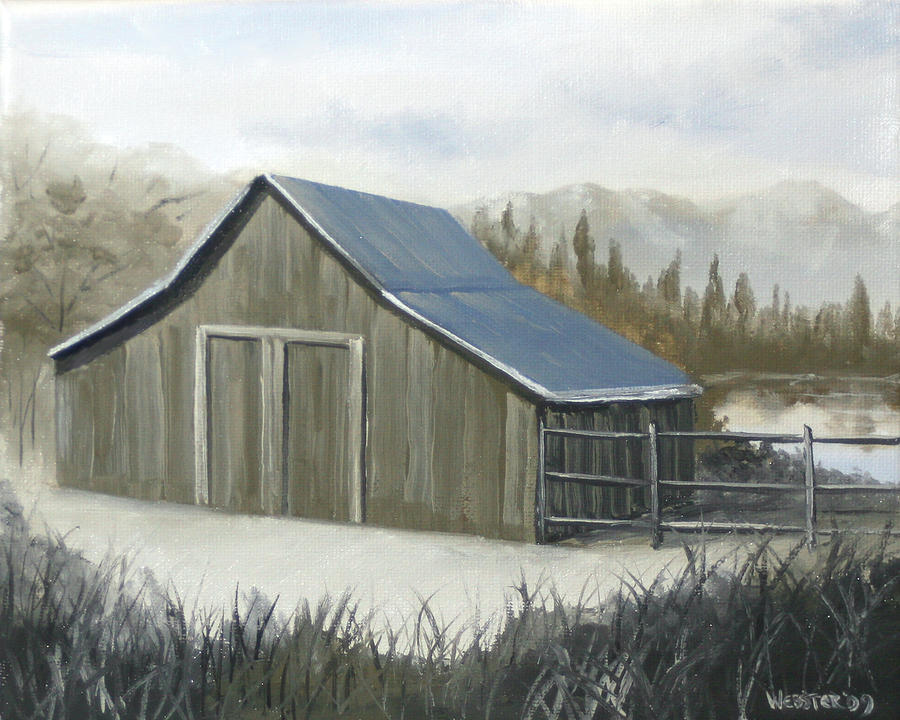 Grayscale Mountain Barn by Lake Oil Painting Painting by Mark Webster