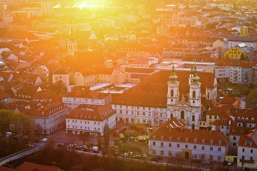 Graz city center aerial view at burning sunset Photograph by Brch Photography