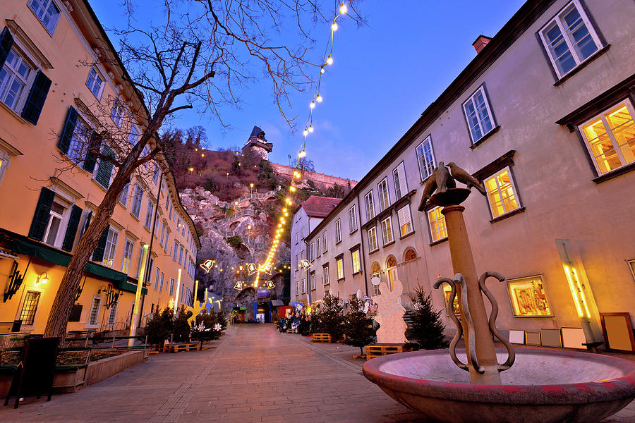 Graz city center christmas fair evening view Photograph by Brch Photography