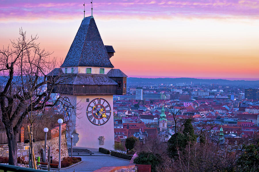 Graz landmark and cityscape dusk view from Schlossberg Photograph by Brch Photography