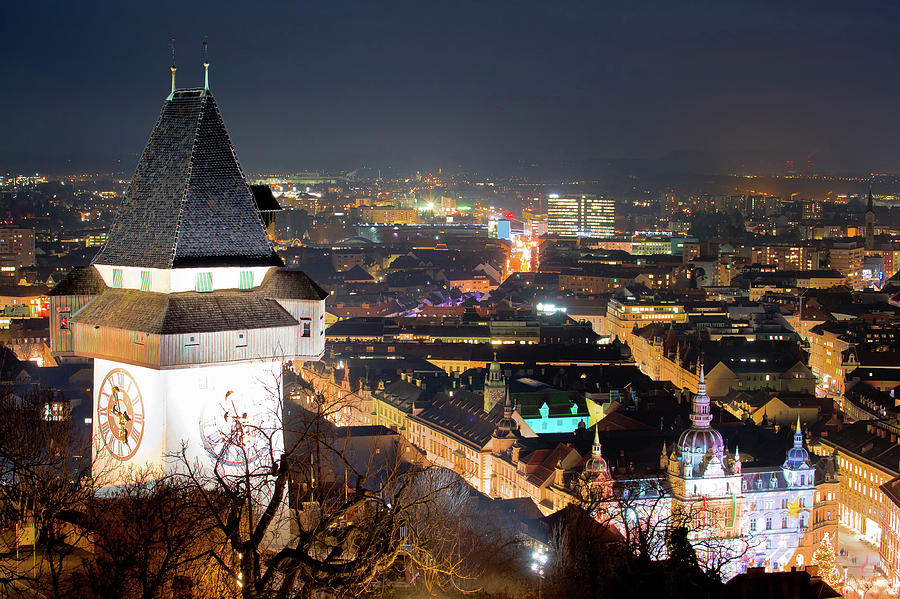Graz landmark and cityscape evening view from Schlossberg Photograph by Brch Photography