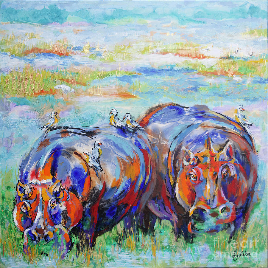 Grazing Hippos Painting by Jyotika Shroff