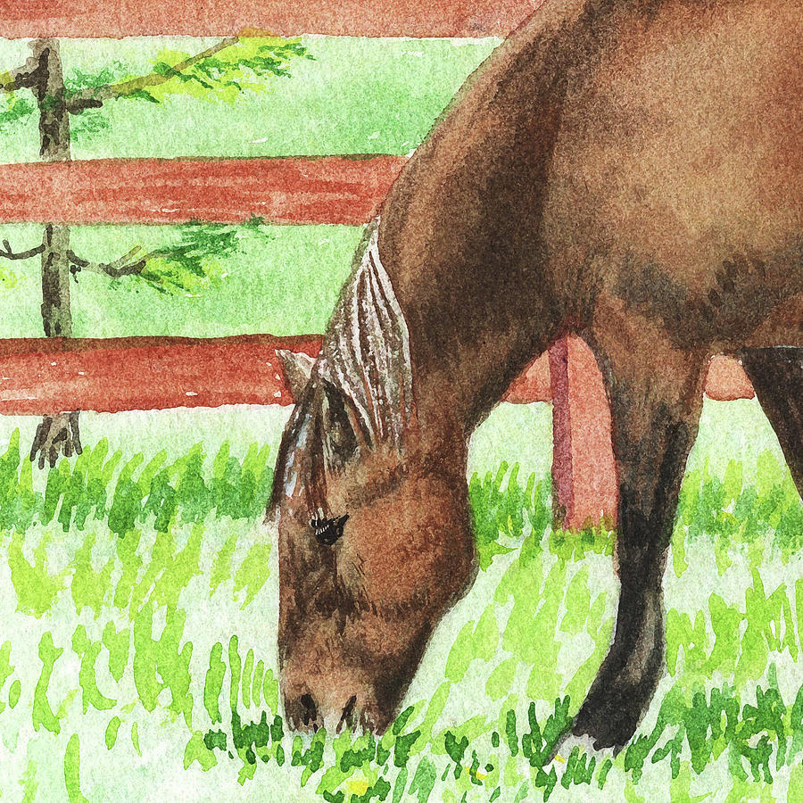 Grazing Horse Watercolor Pet Portrait Painting