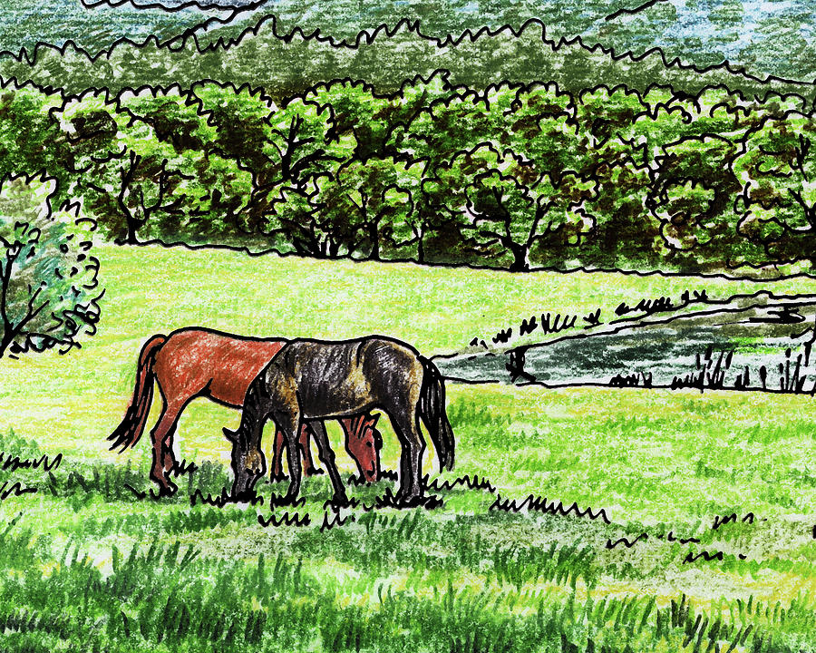 Grazing Horses At The Ranch Watercolor Painting by Irina Sztukowski