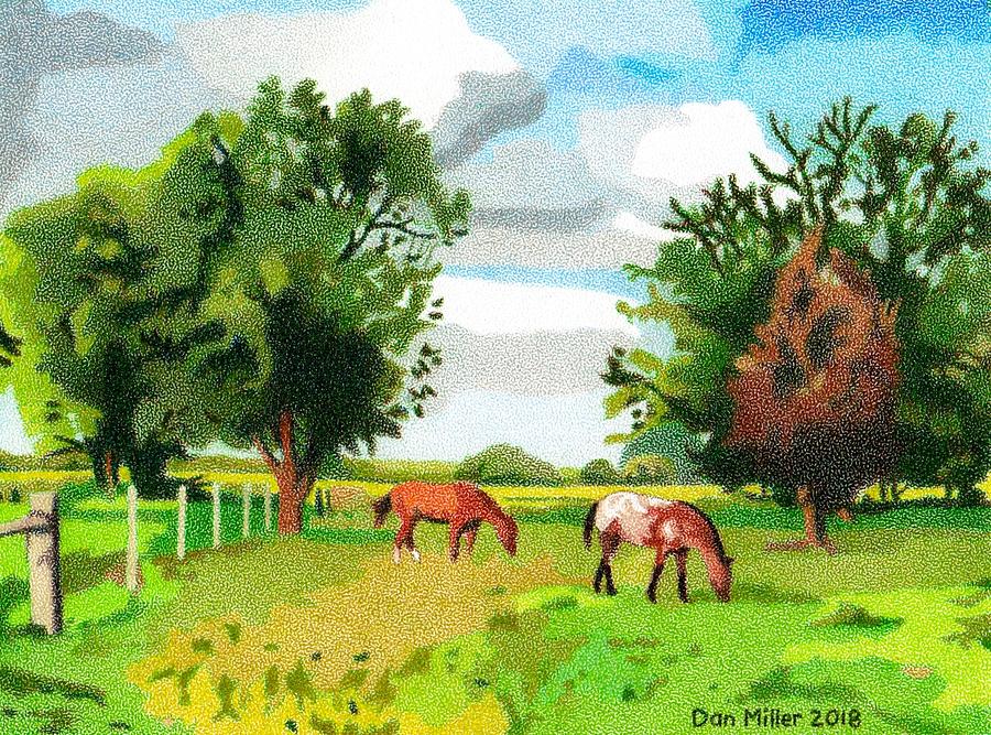 Grazing Horses Nebraska Drawing by Dan Miller