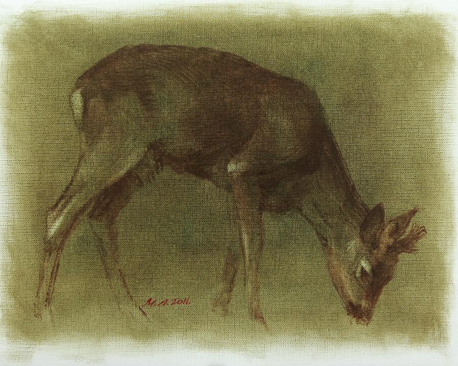 Grazing Roe Deer Oil Painting Painting by Attila Meszlenyi