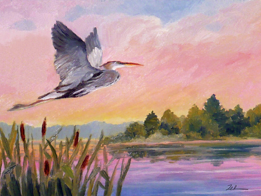 Great Blue Heron at Dawn Painting by Janet Zeh