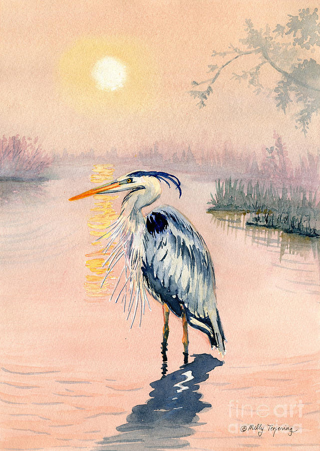 Great Blue Heron At Sunset Painting by Melly Terpening