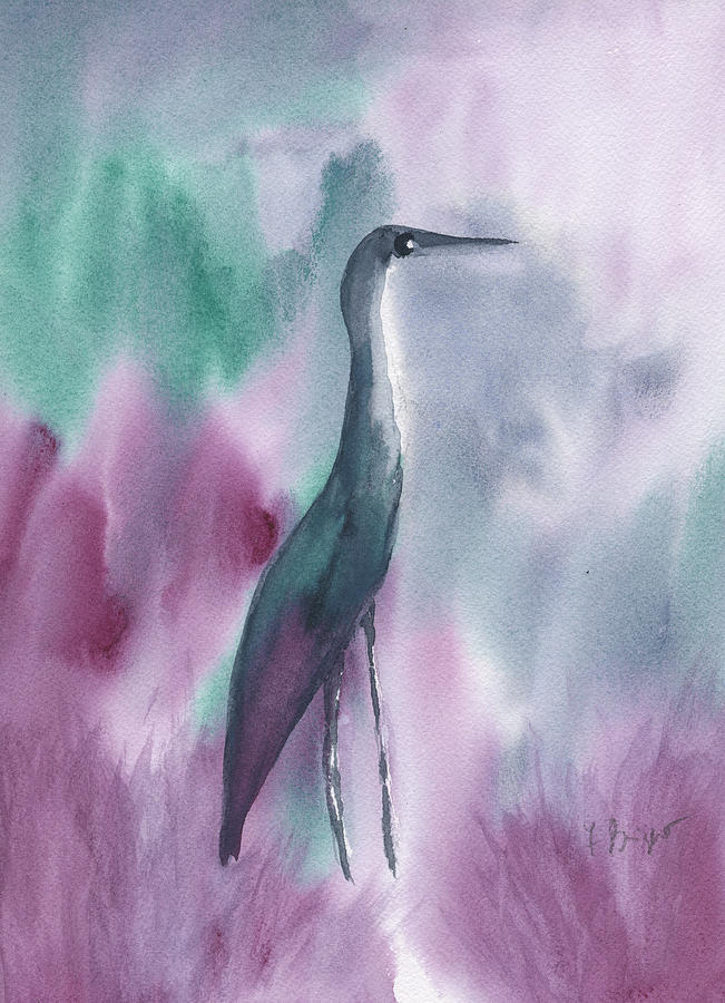 Great Blue Heron In Green Abstract Painting by Frank Bright