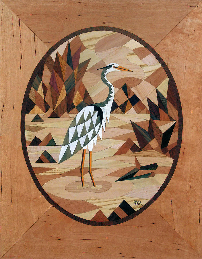 Heron Painting - Great Blue Heron Oval Marquetry by Bruce Bodden
