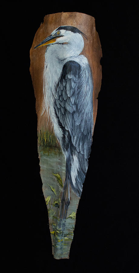 Great Blue Heron Palm Frond Art Painting by Nancy Lauby